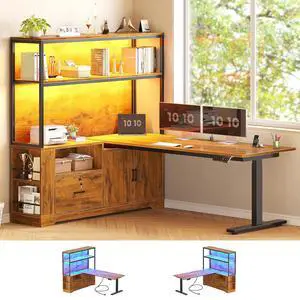 56.7" L Shaped Standing Desk, Reversible Computer Office Desk with Drawers & Hutch, Stand Up Corner Gaming Desks with LED Lights & Power Outlets for Home Office, Rustic Brown 56.7" L Shaped Standing Desk, Reversible Computer Office Desk with Drawers & Hutch, Stand Up Corner Gaming Desks with LED Lights & Power Outlets for Home Office, Rustic Brown