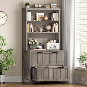 2 Drawer Filing Cabinet, Farmhouse File Cabinet for Home Office with Storage Shelves, Wood Tall Office Filing Cabinet fits Letter, Legal, A4 Size, Lateral File Cabinets with Bookshelf (Grey) 2 Drawer Filing Cabinet, Farmhouse File Cabinet for Home Office with Storage Shelves, Wood Tall Office Filing Cabinet fits Letter, Legal, A4 Size, Lateral File Cabinets with Bookshelf (Grey)