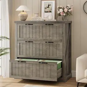 File Cabinet for Home Office, Farmhouse 3 Drawer Filing Cabinet, Wood Office File Cabinets for Letter/Legal/A4 Size, Lateral File Cabinets with Printer Stand, Grey File Cabinet for Home Office, Farmhouse 3 Drawer Filing Cabinet, Wood Office File Cabinets for Letter/Legal/A4 Size, Lateral File Cabinets with Printer Stand, Grey