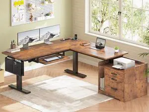 L Shaped Electric Standing Desk with File Cabinet, 63 x 53'' Height Adjustable Home Office Computer Desk with 3 Drawers, Power Outlet, Stand up Gaming Table with Led Lights, Rustic Brown L Shaped Electric Standing Desk with File Cabinet, 63 x 53'' Height Adjustable Home Office Computer Desk with 3 Drawers, Power Outlet, Stand up Gaming Table with Led Lights, Rustic Brown