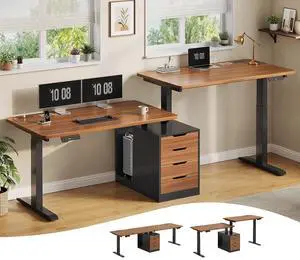 Standing Two Person Desk, 94'' Long Computer Desk with 4 Drawers, 2 Power Outlets, CPU Stand, Electric Height Adjustable 2 Person Desk with Cable Management for Home Office, Black+Brown Standing Two Person Desk, 94'' Long Computer Desk with 4 Drawers, 2 Power Outlets, CPU Stand, Electric Height Adjustable 2 Person Desk with Cable Management for Home Office, Black+Brown