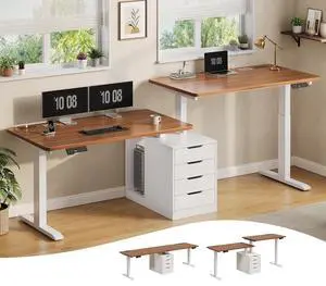 Standing Two Person Desk, 94'' Long Computer Desk with 4 Drawers, 2 Power Outlets, CPU Stand, Electric Height Adjustable 2 Person Desk with Cable Management for Home Office, White+Brown Standing Two Person Desk, 94'' Long Computer Desk with 4 Drawers, 2 Power Outlets, CPU Stand, Electric Height Adjustable 2 Person Desk with Cable Management for Home Office, White+Brown
