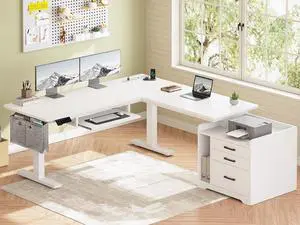 L Shaped Electric Standing Desk with File Cabinet, 63 x 53'' Height Adjustable Home Office Computer Desk with Drawers, Power Outlet, Stand up Gaming Table with Led Lights, Keyboard Tray, White L Shaped Electric Standing Desk with File Cabinet, 63 x 53'' Height Adjustable Home Office Computer Desk with Drawers, Power Outlet, Stand up Gaming Table with Led Lights, Keyboard Tray, White