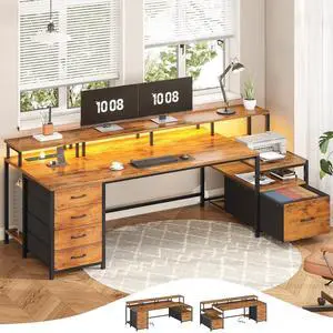 Home Office Desk with File Drawer & Power Outlet, 75'' Large Computer Desk with 5 Drawer, Storage Shelves, Monitor Shelf and Led Lights, 23.6" W Desktop Gaming Desk, Rustic Brown Home Office Desk with File Drawer & Power Outlet, 75'' Large Computer Desk with 5 Drawer, Storage Shelves, Monitor Shelf and Led Lights, 23.6" W Desktop Gaming Desk, Rustic Brown