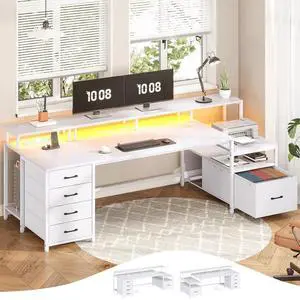 White Computer Desk with 5 Drawer & Power Outlet, 75'' Home Office Desk with File Drawer, Storage Shelves, Printer Cabinet and Monitor Shelf, Gaming Desk with Led Lights, 23.6" W Desktop White Computer Desk with 5 Drawer & Power Outlet, 75'' Home Office Desk with File Drawer, Storage Shelves, Printer Cabinet and Monitor Shelf, Gaming Desk with Led Lights, 23.6" W Desktop