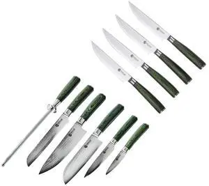 10-Piece Knife Set, 6-Piece Essential Knife Set and 4-Piece Steak Knife Set, Japanese Damascus Stainless Steel Blades, Full Tang Construction, Pakkawood Handles 10-Piece Knife Set, 6-Piece Essential Knife Set and 4-Piece Steak Knife Set, Japanese Damascus Stainless Steel Blades, Full Tang Construction, Pakkawood Handles