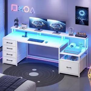 White Computer Desk with 5 Drawer & Power Outlet, 66'' Home Office Desk with File Drawer, Storage Shelves, Printer Cabinet and Monitor Shelf, Gaming Desk with Led Lights White Computer Desk with 5 Drawer & Power Outlet, 66'' Home Office Desk with File Drawer, Storage Shelves, Printer Cabinet and Monitor Shelf, Gaming Desk with Led Lights