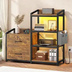 35.4 File Cabinet, Filing Cabinet fits Letter/A4 Size, 2 Drawe File Cabinets for Home Office with Power Strip, LED Lights, Lock, Open Shelf, Rustic Brown 35.4 File Cabinet, Filing Cabinet fits Letter/A4 Size, 2 Drawe File Cabinets for Home Office with Power Strip, LED Lights, Lock, Open Shelf, Rustic Brown