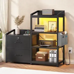 35.4 File Cabinet, Filing Cabinet fits Letter/A4 Size, 2 Drawe File Cabinets for Home Office with Power Strip, LED Lights, Lock, Open Shelf, Black 35.4 File Cabinet, Filing Cabinet fits Letter/A4 Size, 2 Drawe File Cabinets for Home Office with Power Strip, LED Lights, Lock, Open Shelf, Black