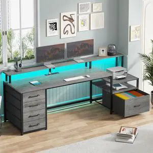 Home Office Desk with File Drawer & Power Outlet, 66'' Computer Desk with 5 Drawer, Storage Shelves, Printer Cabinet and Monitor Shelf, Gaming Desk with Led Lights, Grey Home Office Desk with File Drawer & Power Outlet, 66'' Computer Desk with 5 Drawer, Storage Shelves, Printer Cabinet and Monitor Shelf, Gaming Desk with Led Lights, Grey