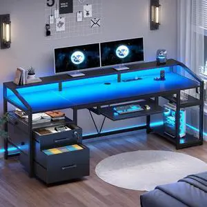 63" Computer Desk, Office Desk with Lockable Drawers for Legal/Letter File, Gaming Desk with LED Lights & Power Outlet, Home Office Desks with Storage, Black 63" Computer Desk, Office Desk with Lockable Drawers for Legal/Letter File, Gaming Desk with LED Lights & Power Outlet, Home Office Desks with Storage, Black