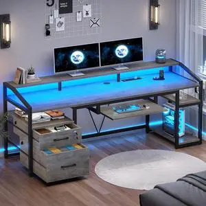 63" Computer Desk, Office Desk with Lockable Drawers for Legal/Letter File, Gaming Desk with LED Lights & Power Outlet, Home Office Desks with Storage, Grey 63" Computer Desk, Office Desk with Lockable Drawers for Legal/Letter File, Gaming Desk with LED Lights & Power Outlet, Home Office Desks with Storage, Grey
