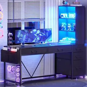 Computer Gaming Desk with 5 Drawers and Bookshelf, Reversible Home Office Desk with Storage Shelves and File Drawer, Corner Desk with LED Lights for Small Spaces, Black Computer Gaming Desk with 5 Drawers and Bookshelf, Reversible Home Office Desk with Storage Shelves and File Drawer, Corner Desk with LED Lights for Small Spaces, Black