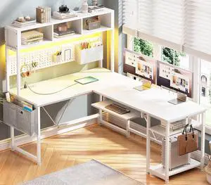 White L Shaped Office Desk, 57.5 Corner Computer Desk with Power Outlet Pegboard and Keyboard Tray, Gaming Table with LED Lights, Hutch and Storage Shelves for Home Office White L Shaped Office Desk, 57.5 Corner Computer Desk with Power Outlet Pegboard and Keyboard Tray, Gaming Table with LED Lights, Hutch and Storage Shelves for Home Office