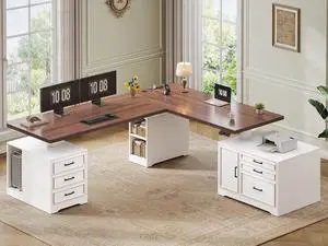 Farmhouse L Shaped Electric Standing Desk with File Cabinet, 77 x 55'' Height Adjustable Home Office Computer Desk with 6 Drawers, Power Outlet, Sit Stand Desk, White Farmhouse L Shaped Electric Standing Desk with File Cabinet, 77 x 55'' Height Adjustable Home Office Computer Desk with 6 Drawers, Power Outlet, Sit Stand Desk, White