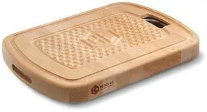 Hybrid Beechwood Carving and Cutting Board with Stainless Steel Drip Tray, Carrying Handle, and Juice Trenches, Double-Sided Hybrid Beechwood Carving and Cutting Board with Stainless Steel Drip Tray, Carrying Handle, and Juice Trenches, Double-Sided
