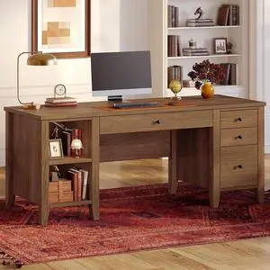 Solid Pine Wood Computer Desk, 58'' Executive Home Office Desk with 4 Wood Drawers and Storage Shelves for Work Study Writing, Brown Solid Pine Wood Computer Desk, 58'' Executive Home Office Desk with 4 Wood Drawers and Storage Shelves for Work Study Writing, Brown