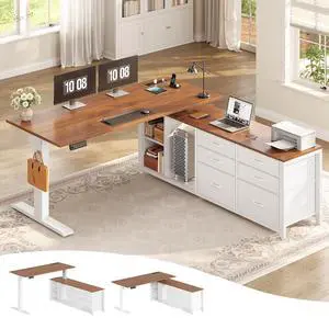 L Shaped Electric Standing Desk, 55" x 55" Height Adjustable Office Executive Desk with 6 Fabric Drawers and Storage Shelves, Sit Stand Computer Desk with Power Outlet (White + Brown) L Shaped Electric Standing Desk, 55" x 55" Height Adjustable Office Executive Desk with 6 Fabric Drawers and Storage Shelves, Sit Stand Computer Desk with Power Outlet (White + Brown)