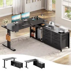 L Shaped Electric Standing Desk with 6 Fabric Drawers, 55" x 55" Height Adjustable Office Executive Desk with Storage Shelves, Stand up Computer Desk with Power Outlet (Black) L Shaped Electric Standing Desk with 6 Fabric Drawers, 55" x 55" Height Adjustable Office Executive Desk with Storage Shelves, Stand up Computer Desk with Power Outlet (Black)