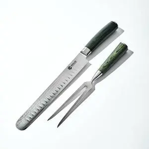 Carving Knife and Fork Set, 10-Inch, Japanese Damascus Stainless Steel Blade Knife with Full Tang Construction and 2-Pronged Fork, Pakkawood Handles Carving Knife and Fork Set, 10-Inch, Japanese Damascus Stainless Steel Blade Knife with Full Tang Construction and 2-Pronged Fork, Pakkawood Handles