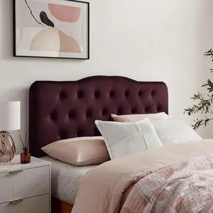 Annabel Performance Velvet Adjustable Full Headboard in Mulberry - Stain-Resistant Padded Headboard Only with Diamond Button Tufting and 7 Height-Adjustable Positions Annabel Performance Velvet Adjustable Full Headboard in Mulberry - Stain-Resistant Padded Headboard Only with Diamond Button Tufting and 7 Height-Adjustable Positions
