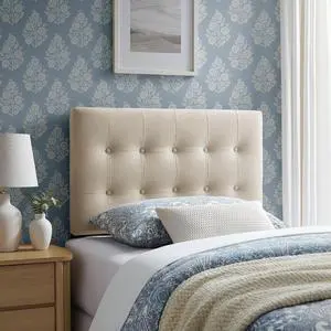Emily Twin Size Performance Velvet Headboard in Alabaster - Stain-Resistant Velvet Upholstery with Button Tufting and 7 Adjustable Height Positions Emily Twin Size Performance Velvet Headboard in Alabaster - Stain-Resistant Velvet Upholstery with Button Tufting and 7 Adjustable Height Positions