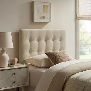 Emily Twin Size Fabric Headboard in Ecru - Linen-Like Upholstery with Button Tufting and 7 Adjustable Height Positions Emily Twin Size Fabric Headboard in Ecru - Linen-Like Upholstery with Button Tufting and 7 Adjustable Height Positions