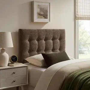 Emily Twin Size Fabric Headboard in Mocha - Linen-Like Upholstery with Button Tufting and 7 Adjustable Height Positions Emily Twin Size Fabric Headboard in Mocha - Linen-Like Upholstery with Button Tufting and 7 Adjustable Height Positions