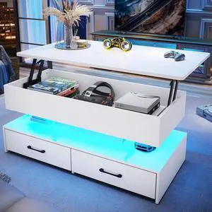 40" Lift Top Coffee Table, Coffee Tables with Storage for Living Room, Small Coffee Table with 2 Drawers & LED Light for Dining Reception Room, White 40" Lift Top Coffee Table, Coffee Tables with Storage for Living Room, Small Coffee Table with 2 Drawers & LED Light for Dining Reception Room, White