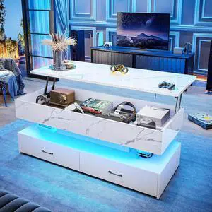 47.2" Lift Top Coffee Table, Coffee Tables with Storage for Living Room, 2 Drawers Coffee Table with Power Outlet & LED Light for Dining Reception Room, High Gloss White Marble 47.2" Lift Top Coffee Table, Coffee Tables with Storage for Living Room, 2 Drawers Coffee Table with Power Outlet & LED Light for Dining Reception Room, High Gloss White Marble