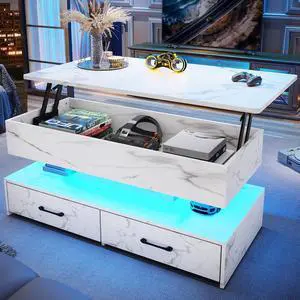40" Lift Top Coffee Table, Coffee Tables with Storage for Living Room, Small Coffee Table with 2 Drawers & LED Light for Dining Reception Room, White Marble 40" Lift Top Coffee Table, Coffee Tables with Storage for Living Room, Small Coffee Table with 2 Drawers & LED Light for Dining Reception Room, White Marble