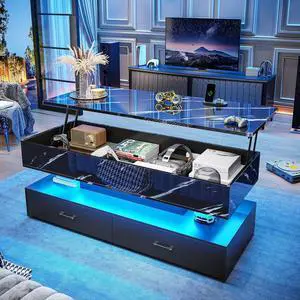 47.2" Lift Top Coffee Table, Coffee Tables with Storage for Living Room, 2 Drawers Coffee Table with Power Outlet & LED Light for Dining Reception Room, High Gloss Black Marble 47.2" Lift Top Coffee Table, Coffee Tables with Storage for Living Room, 2 Drawers Coffee Table with Power Outlet & LED Light for Dining Reception Room, High Gloss Black Marble