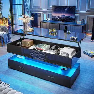 47.2" Lift Top Coffee Table, Coffee Tables with Storage for Living Room, 2 Drawers Coffee Table with Power Outlet & LED Light for Dining Reception Room, High Gloss Black 47.2" Lift Top Coffee Table, Coffee Tables with Storage for Living Room, 2 Drawers Coffee Table with Power Outlet & LED Light for Dining Reception Room, High Gloss Black