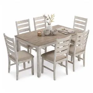 Skempton Cottage Dining 7 Piece Set Rectangular Table & 6 Upholstered Chairs | Coastal Chic Meets Farmhouse, Whitewash Skempton Cottage Dining 7 Piece Set Rectangular Table & 6 Upholstered Chairs | Coastal Chic Meets Farmhouse, Whitewash