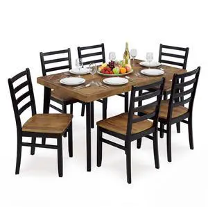 Blondon Rectangular Dining Room Table Set with 6 Chairs, Chevron Pattern, Tapered Legs, Seats 6, Wood, 60" Long, Brown & Black Blondon Rectangular Dining Room Table Set with 6 Chairs, Chevron Pattern, Tapered Legs, Seats 6, Wood, 60" Long, Brown & Black