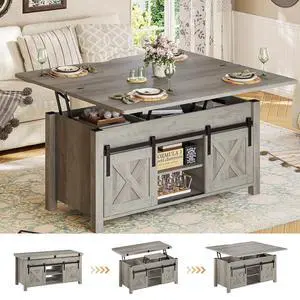 Lift Top Coffee Table, 4 in 1 Multi-Function Convertible Coffee Tables with Storage and Hidden Compartment, Farmhouse Coffee Table Converts to Dining Table for Living Room, Grey Lift Top Coffee Table, 4 in 1 Multi-Function Convertible Coffee Tables with Storage and Hidden Compartment, Farmhouse Coffee Table Converts to Dining Table for Living Room, Grey