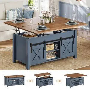 Lift Top Coffee Table, 4 in 1 Multi-Function Convertible Coffee Tables with Storage and Hidden Compartment, Farmhouse Coffee Table Converts to Dining Table for Living Room, Blue Lift Top Coffee Table, 4 in 1 Multi-Function Convertible Coffee Tables with Storage and Hidden Compartment, Farmhouse Coffee Table Converts to Dining Table for Living Room, Blue