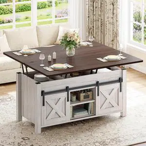 Lift Top Coffee Table, 4 in 1 Multi-Function Convertible Coffee Tables with Storage and Hidden Compartment, Farmhouse Coffee Table Converts to Dining Table for Living Room, Vintage White Lift Top Coffee Table, 4 in 1 Multi-Function Convertible Coffee Tables with Storage and Hidden Compartment, Farmhouse Coffee Table Converts to Dining Table for Living Room, Vintage White