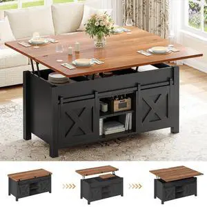 Lift Top Coffee Table, 4 in 1 Multi-Function Convertible Coffee Tables with Storage and Hidden Compartment, Farmhouse Coffee Table Converts to Dining Table for Living Room, Black Brown Lift Top Coffee Table, 4 in 1 Multi-Function Convertible Coffee Tables with Storage and Hidden Compartment, Farmhouse Coffee Table Converts to Dining Table for Living Room, Black Brown