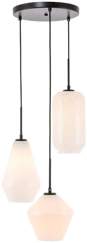 Gene 3-Light Metal Pendant in Black and Frosted White Glass Gene 3-Light Metal Pendant in Black and Frosted White Glass