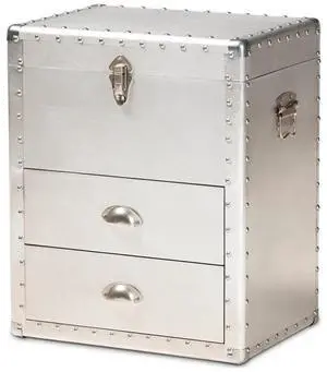 2-Drawer Mid-Century Metal Accent Storage Chest, 23.23 in H x 19.09 in W x 13.98 in D, Wood and Metal Construction, Silver Finish, Lift-Top Compartment, Rivet Embellishments for Living 2-Drawer Mid-Century Metal Accent Storage Chest, 23.23 in H x 19.09 in W x 13.98 in D, Wood and Metal Construction, Silver Finish, Lift-Top Compartment, Rivet Embellishments for Living