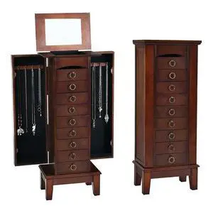 Jewelry Cabinet, 40" Tall MDF and Glass Construction, Walnut Finish, 6 Drawers, Side Doors with Necklace Hooks, Partitioned Top with Mirror, Vintage Hardware, Bedroom or Dressing Room Jewelry Cabinet, 40" Tall MDF and Glass Construction, Walnut Finish, 6 Drawers, Side Doors with Necklace Hooks, Partitioned Top with Mirror, Vintage Hardware, Bedroom or Dressing Room