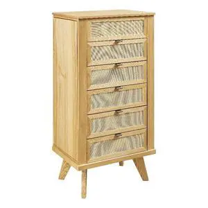 5-Drawer Wood Jewelry Armoire, Natural Brown Finish, Cane Inlay, Flip Top with Vanity Mirror, Hidden Storage, Hooks and Ring Tray, 41" H Freestanding Organizer for Bedroom or Closet 5-Drawer Wood Jewelry Armoire, Natural Brown Finish, Cane Inlay, Flip Top with Vanity Mirror, Hidden Storage, Hooks and Ring Tray, 41" H Freestanding Organizer for Bedroom or Closet