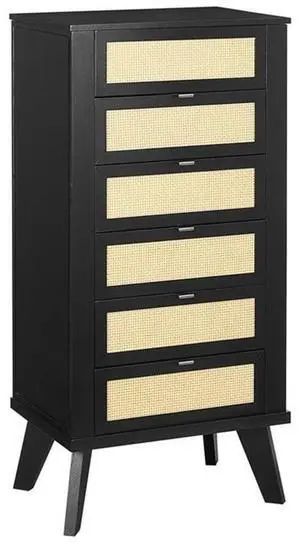 Jewelry Armoire, Black Painted Wood, 5 Drawers with Cane Front Panels, Felt-Lined Storage, Side Hooks for Accessories, Top Mirror Compartment, Compact Design, 19.63" W x 13.38" D x 41" H Jewelry Armoire, Black Painted Wood, 5 Drawers with Cane Front Panels, Felt-Lined Storage, Side Hooks for Accessories, Top Mirror Compartment, Compact Design, 19.63" W x 13.38" D x 41" H