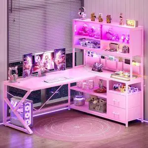 L Shaped Gaming Desk, Home Office Computer Desk with 2 Drawer and Bookshelf, L Shaped Gaming Desk with LED Light, Glass Cabinet and Storage Bag, Corner Desk with Storage Shelves, Pink L Shaped Gaming Desk, Home Office Computer Desk with 2 Drawer and Bookshelf, L Shaped Gaming Desk with LED Light, Glass Cabinet and Storage Bag, Corner Desk with Storage Shelves, Pink