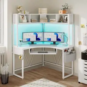 Corner Desk, 39" W x 62" H Small Office Desk with Hutch & LED Lights, Triangle Gaming Computer Desk with Keyboard Tray, Storage Bag, and Headphone Hook for Small Space, White Corner Desk, 39" W x 62" H Small Office Desk with Hutch & LED Lights, Triangle Gaming Computer Desk with Keyboard Tray, Storage Bag, and Headphone Hook for Small Space, White