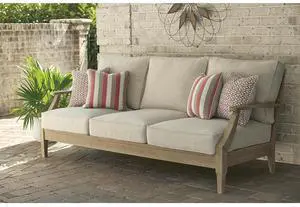 Clare View Outdoor Patio Sofa, 4 Throw Pillows, Nuvella Weather Resistant Fabric, Eucalyptus Wood, 81" W x 35" D x 32" H, Beige Clare View Outdoor Patio Sofa, 4 Throw Pillows, Nuvella Weather Resistant Fabric, Eucalyptus Wood, 81" W x 35" D x 32" H, Beige