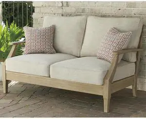 Clare View Eucalyptus Wood Outdoor Loveseat, Patio Couch with Nuvella Cushions, 56" W x 35" D x 32" H, Beige Clare View Eucalyptus Wood Outdoor Loveseat, Patio Couch with Nuvella Cushions, 56" W x 35" D x 32" H, Beige