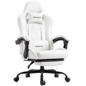 Dowinx Gaming Chair with Footrest, Ergonomic Office Chair, White | PU leather over high-density foam with lumbar support; steel frame holds 300 lbs; built for WFH, study, and napping Dowinx Gaming Chair with Footrest, Ergonomic Office Chair, White | PU leather over high-density foam with lumbar support; steel frame holds 300 lbs; built for WFH, study, and napping