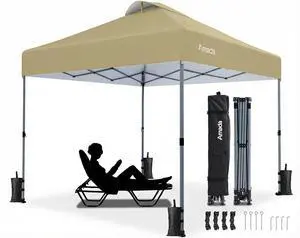 Amada 10x10 Pop Up Canopy Tent, 1-Button Push Easy-up Outdoor Canopy Beach Tent with 3-Height Adjustable Waterproof Shade Shelter, Wheeled STO-N-Go Bag 8 Stakes, 4 SandBags (10x10ft Khaki) Amada 10x10 Pop Up Canopy Tent, 1-Button Push Easy-up Outdoor Canopy Beach Tent with 3-Height Adjustable Waterproof Shade Shelter, Wheeled STO-N-Go Bag 8 Stakes, 4 SandBags (10x10ft Khaki)